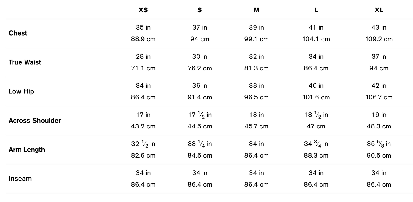 Men's Classic Crew Size Chart